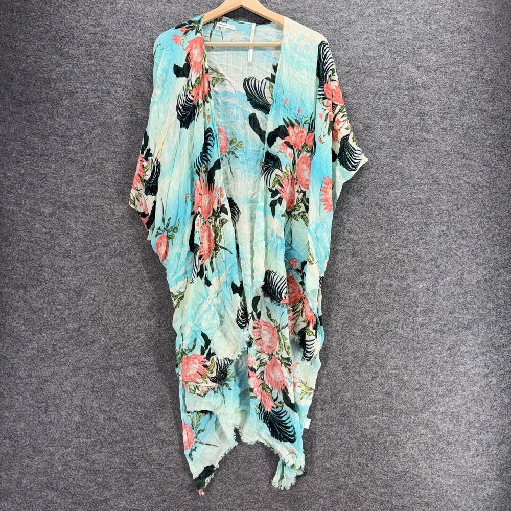 Breezy Lane Top Women One Size Blue Floral Open Front Short Sleeve Casual